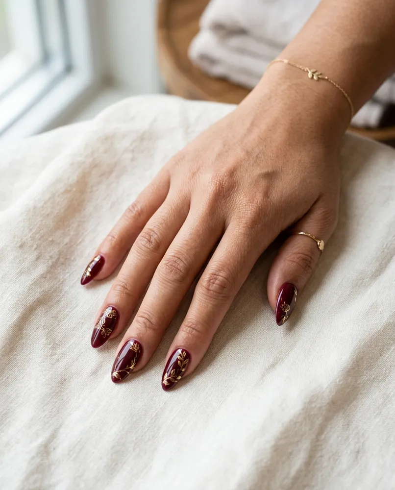 Uñas después: almendra vino con flores doradas