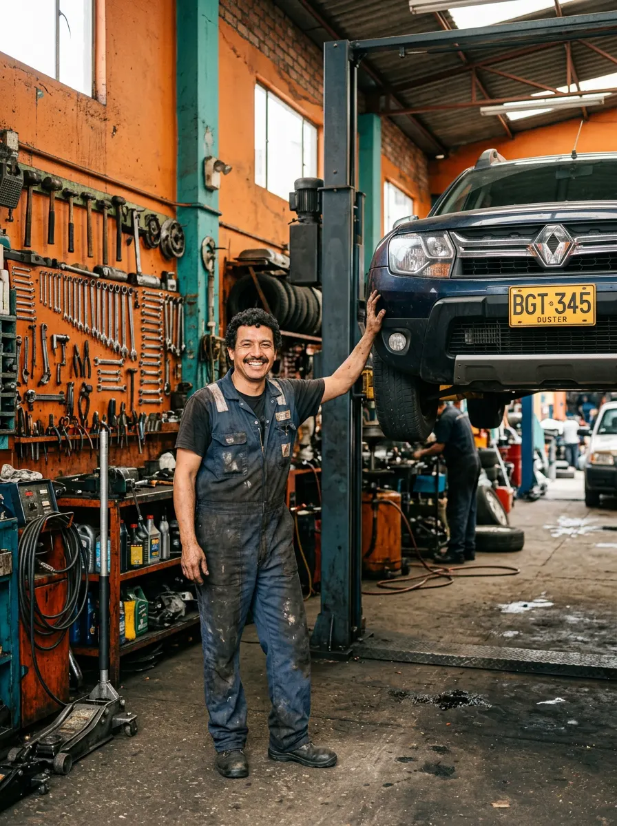 Mecánico sonriendo junto a un carro en el taller